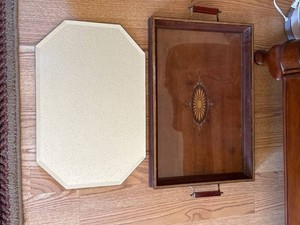Vintage Wood Vanity Tray and Octagonal Mirror Dresser Set Inlaid