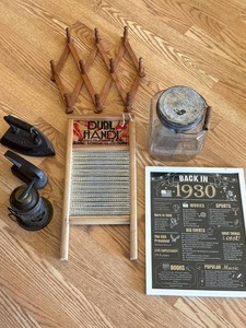 Vintage Primitive Household Decor Lot Washboard Sad Iron Peg Rack