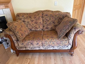 Traditional Upholstered Loveseat Floral Tapestry Wood Scroll Arms