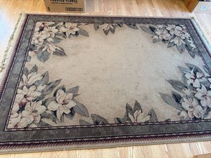 Large Floral Border Area Rug with Fringe Beige Gray Burgundy