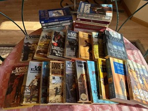 Louis LAmour Western Novel Box Lot with Mixed Paperbacks & Hardcovers