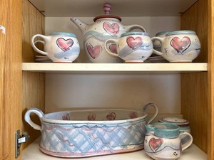 Unmarked Studio Pottery Heart Pattern Tea Set Serving Bowl Collection