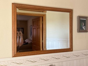 Oak Framed Beveled Wall Mirror Carved Trim Rectangular 30.5x23