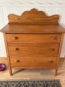 Vintage Oak 3 Drawer Dresser Cabinet with Shaped Backsplash 36in