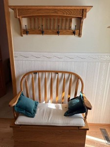 Oak Entryway Storage Bench & Wall Shelf Coat Rack Set