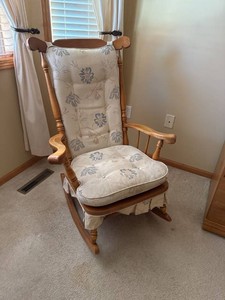 Vintage Maple Wood Rocking Chair With Floral Cushions High Back