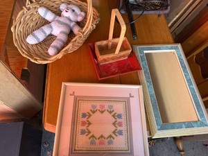 Assorted Home Decor Lot Wicker Baskets Mirror Needlepoint Red Tray