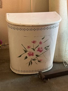 Hand Painted Metal Laundry Hamper White Floral Vintage Storage Bin