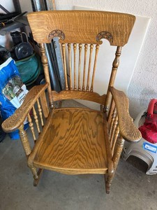 Vintage Oak Pressed Back Wooden Rocking Chair Spindle Arm Rocker