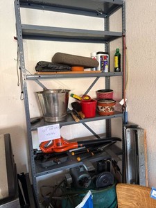 Mixed Garage Tool & Garden Supply Lot Air Compressor Planters Blower - Shelf not included