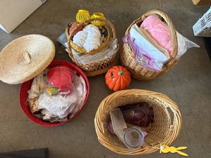 Lot of Assorted Craft Supplies in Wicker Baskets Yarn Seasonal Decor