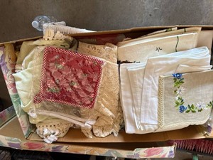 Vintage Linen Textiles & White Wicker Shelf Mixed Home Decor Lot