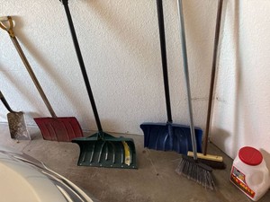 Lot of Assorted Snow Shovels, Brooms & Ice Melt