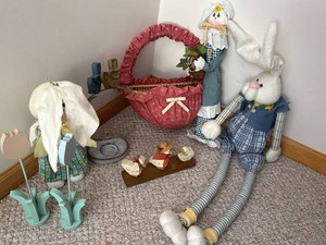 Mixed Easter Bunny Decor Lot Plush Ceramic Basket Figurines