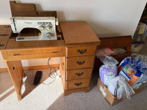 Viking Husqvarna Sewing Machine Cabinet w/ Sewing Supplies Lot