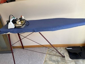 Vintage Folding Ironing Board With 2 Electric Steam Irons Blue Cover
