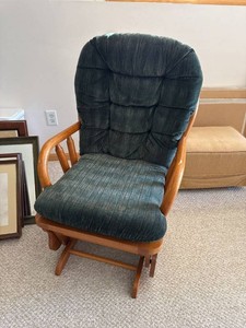 Oak Finish Upholstered Glider Rocking Chair Green Tufted Cushions