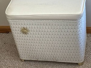 Vintage White Wicker Hamper Storage Seat with Padded Hinged Lid
