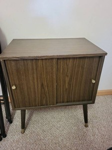 Mid Century Modern Sliding Door Cabinet Table Woodgrain Brass Pulls