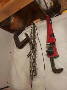 Lot of Assorted Vintage Hand Tools Pipe Wrench C-Clamps Wood Plane