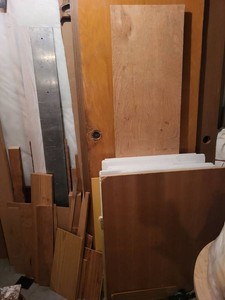 Box Lot of Assorted Lumber Boards Panels Trim and Shelving Pieces