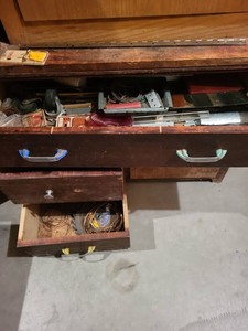 Box Lot of Assorted Workshop Hardware Saw Blades Casters Wire