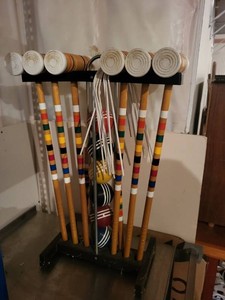 Vintage Wooden Croquet Lawn Game Set w Rack Mallets Balls Wickets