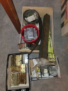 Lot of Assorted Hardware Hinges Casters Angle Iron Electrical Parts