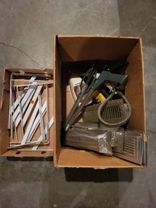 Box Lot of Assorted HVAC Floor Registers Shelf Brackets & Tools
