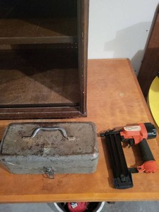 Pneumatic Brad Nailer & Vintage Metal Toolbox w Assorted Parts