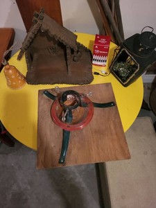 Vintage Christmas Decor Lot Tree Stand Nativity Basket Lantern Bell