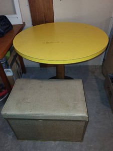 Vintage Yellow Pedestal Table & Filter Queen Storage Ottoman Chest