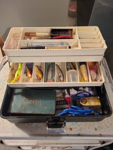 Vintage Fishing Tackle Box with Lures Hooks Bobbers and Tackle