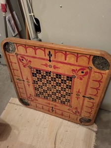 Vintage Hand-Painted Reversible Wooden Carom Game Board w Net Pockets