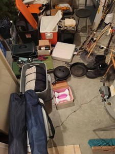 Box Lot of Camping Fishing Gear Cast Iron Cookware & Rubber Boots