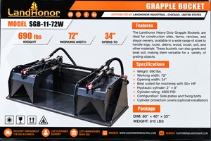 NEW LandHonor SGB-11-72W 72 Heavy-Duty Skid Steer Grapple Bucket