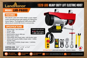 New 2026 LandHonor LHR-PA600 1320 LBS Heavy Duty Lift Electric Hoist 110V