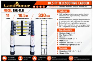 NEW LandHonor LHR-TL11 10.5 Telescoping Ladder  330 lb Capacity
