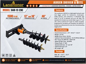 NEW LandHonor SAD-12-23C Skid Steer Auger Driver with 12 & 18 Bits