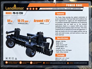 NEW LandHonor PR1-12-72W 72 Skid Steer Power Rake  Soil Conditioner