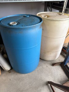Two 55-Gallon Plastic Drums  Barrels (Blue & White)