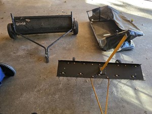 Lot of Lawn Equipment (Dethatcher, Sweepers & Utility Cart)