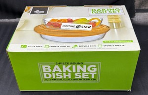 Brand New 2 piece round baking dish, set with bamboo cutting board lid