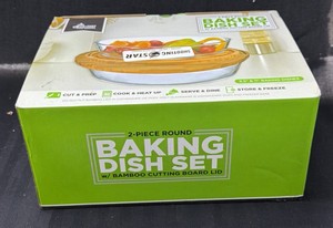 Brand New Eco Chef 2 piece round baking dish set with bamboo cutting board lid