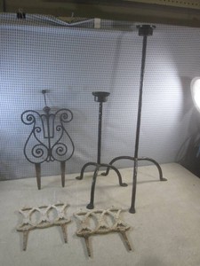 (F-2) 2 Vintage Steel Candle HoldersStands 31 ans 20 Tall and 3 Smaller Cast Steel Yard Stake Panels
