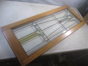 (BR2) Vintage Stained Glass Cabinet Door Window Mostly Clear Panels Setup with Chain To Hang 16 12 x 40 34