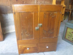 (UD1) Vintage Wood Cabinet with 2 Upper Doors and 2 Lower Drawers 30 12 H x 25 14 W x 10 34 D