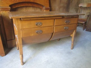 (UD1) Vintage Wood Bakers Table with Curved Possum Belly Bottom Drawers 30 H x 48 W x 26 D