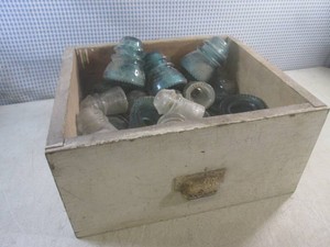 (A-3) Assorted Vintage Glass Electrical Insulators in Vintage Wood Drawer