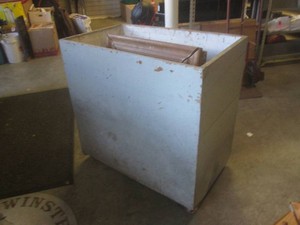 (FRNT) Assorted Vintage  Antique Wood Frames in Vintage Wood Box on Wheels (Wheels Locked Up  Rusted)